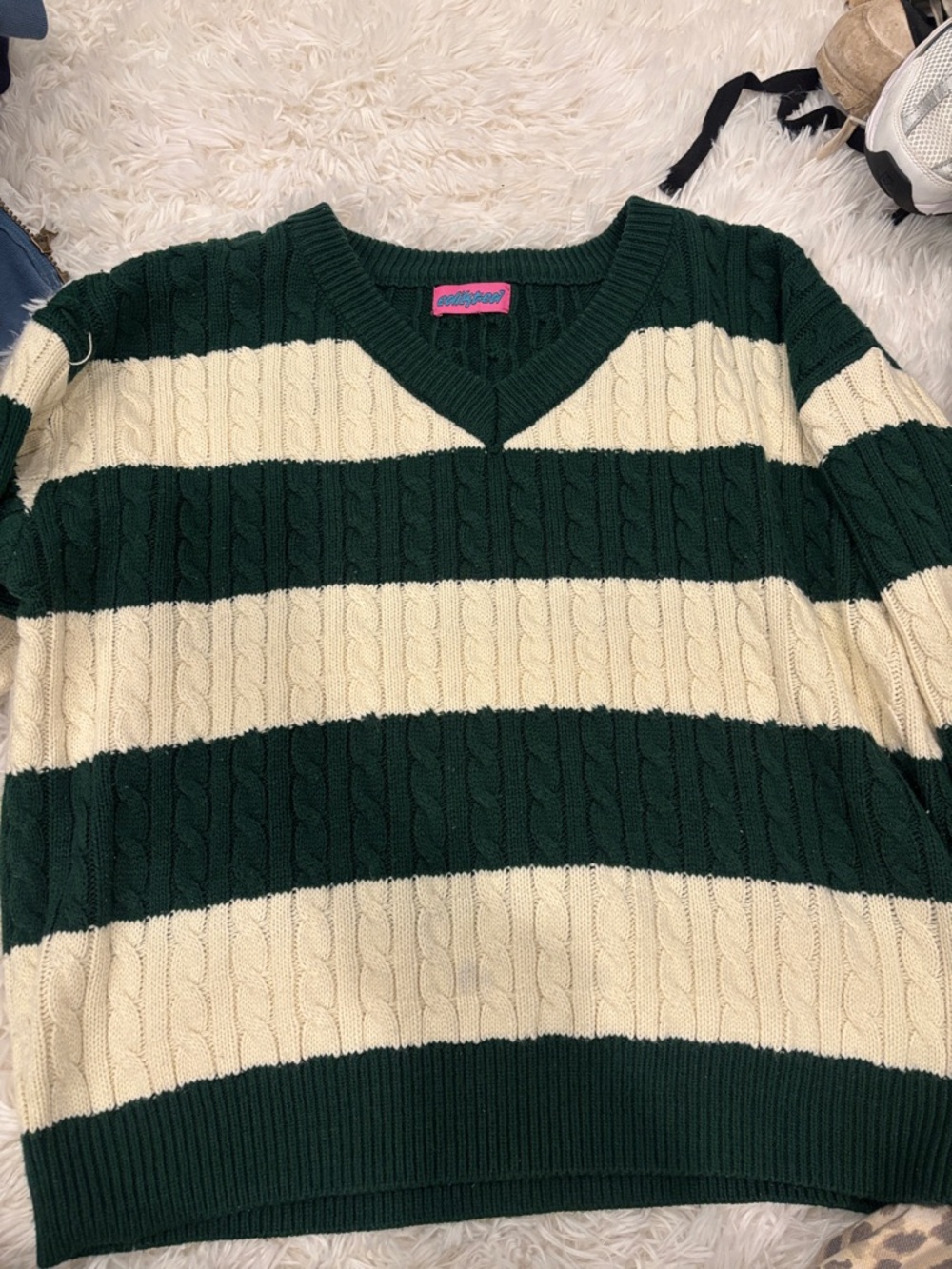 Edikted Striped Cable Knit V-Neck Sweater in Forest Green and Cream
